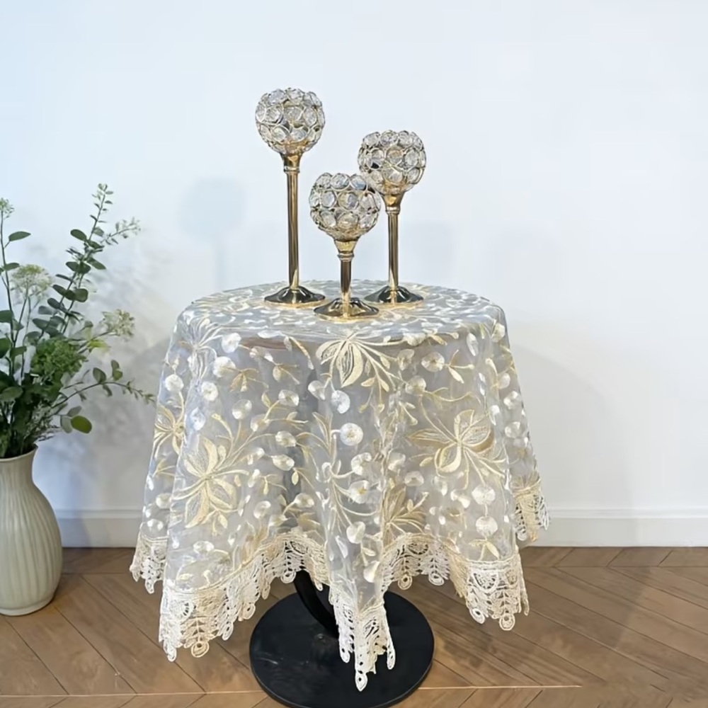 Elegant Floral Embroidered Round Tablecloth